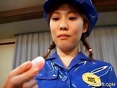 Asian in police uniform vibing her pussy