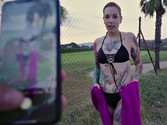 Tattooed shorthair babe gets paid to suck in POV before outdoor sex