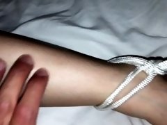 Sexy tiny feet tied to bed and fingered
