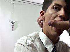 Latino college twink whipped before being fucked bareback by DILF